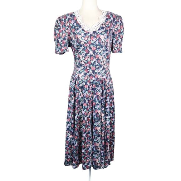Vintage 80s Paquette Too! Navy Blue and Pink Floral Drop Waist Midi Dress M - Picture 1 of 6